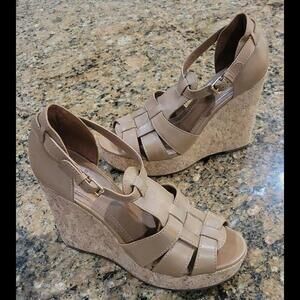 Tory Burch Brown Leather Strappy Slingback Heeled Wedge Sandals Womens Shoes 10